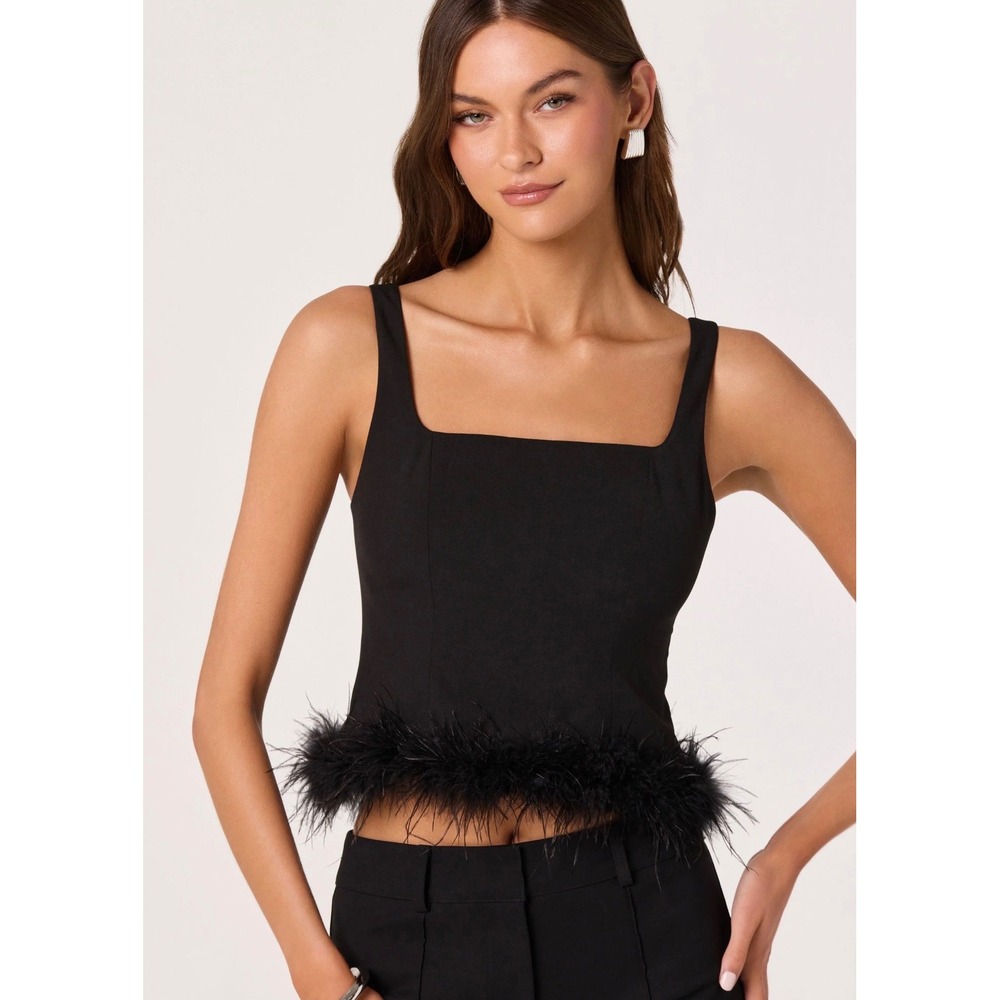 ASTR The Label Black Feather Trim Square Neck Crop Top AT19277 Womens Medium NEW